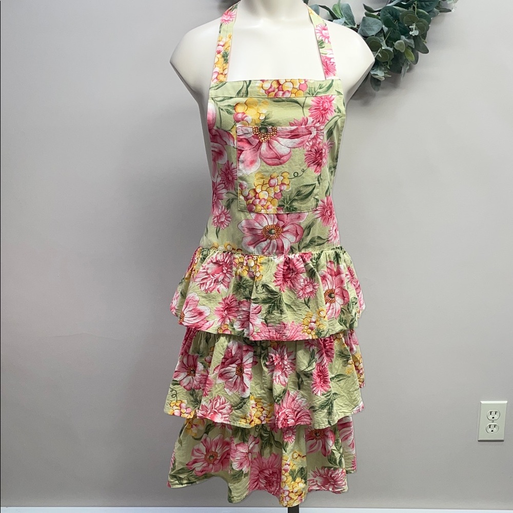 April Cornell 100% Cotton Garden Floral Ruffle Tiered Pocket Kitchen Apron